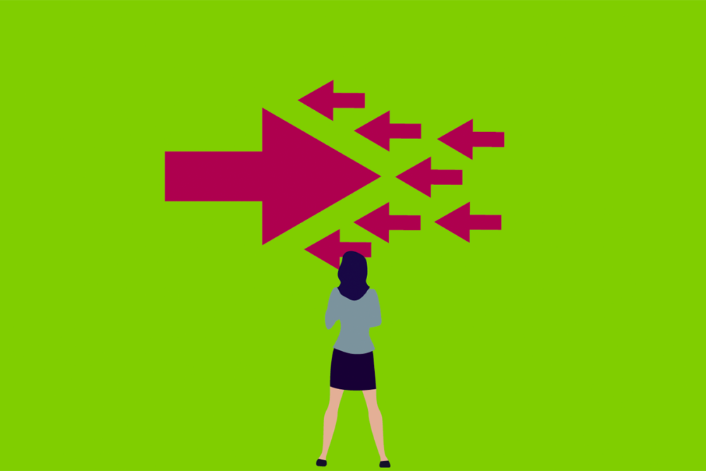 Graphic illustration of a woman in business attire standing in front of arrows